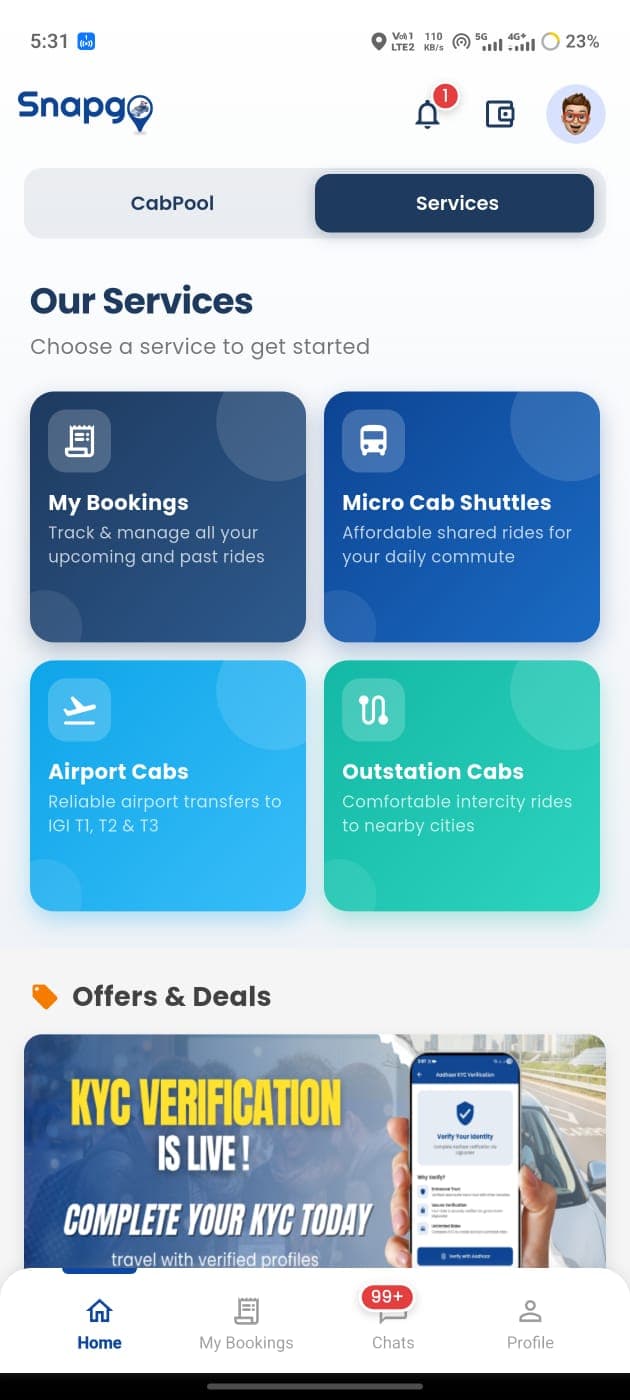 SnapGo app services hub showing Airport Cabs option