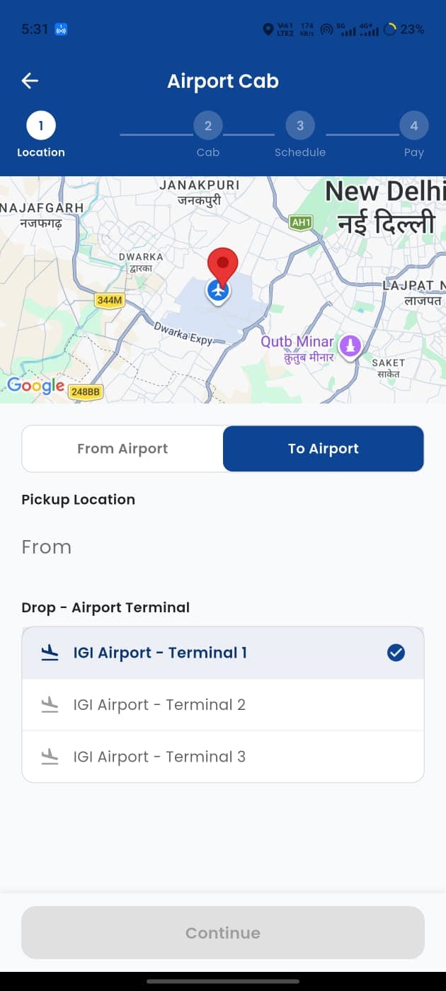 Airport cab booking flow with map, terminal selection, and direction toggle