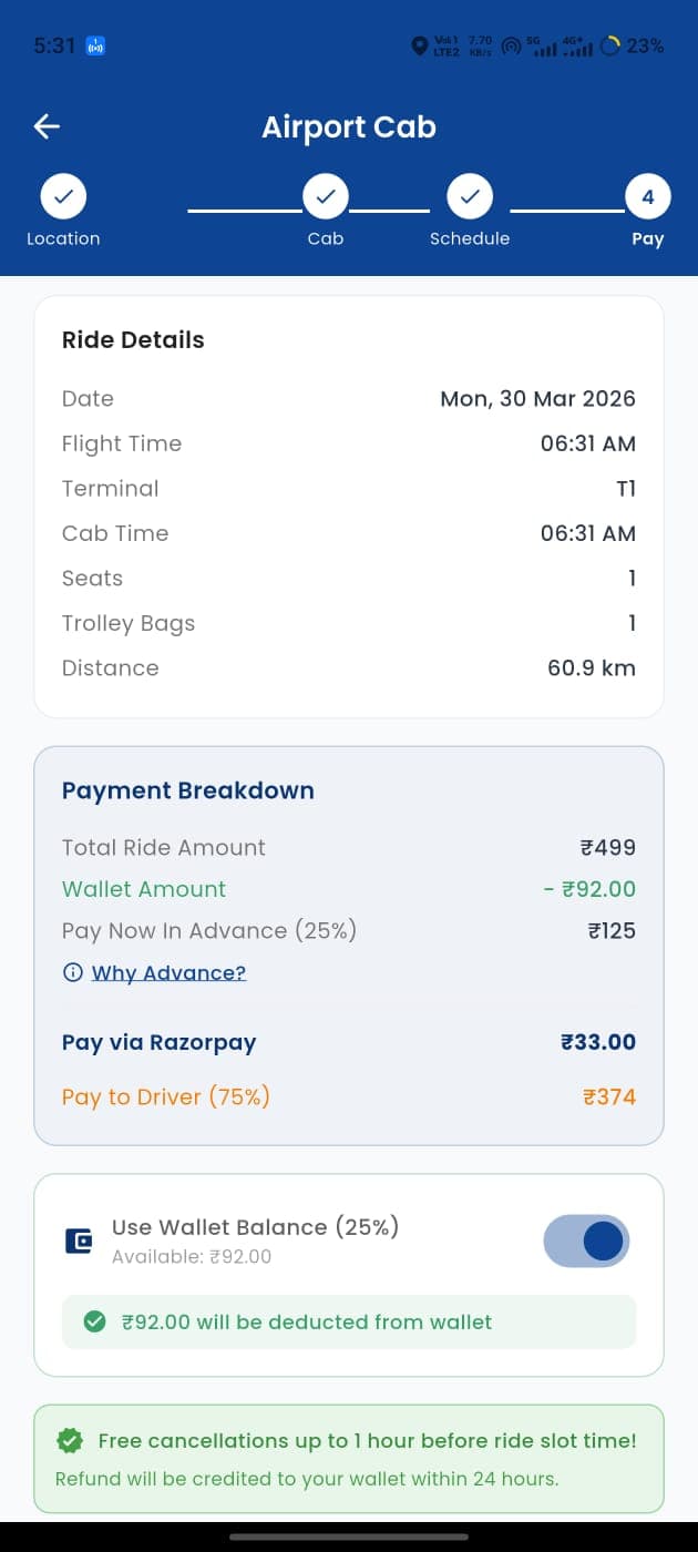 Ride details and payment breakdown showing fare, wallet deduction, and Razorpay